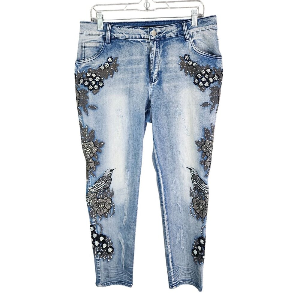 Womens Juliette Blue Denim Jeans Rhinestone Embellished Straight Ankle Size 12
